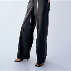 Zara Black Faux Leather Wide Leg Pants Trousers